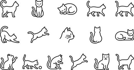 Set of 15 simple outline icons of cats in various poses isolated on transparent background. © Nusrat