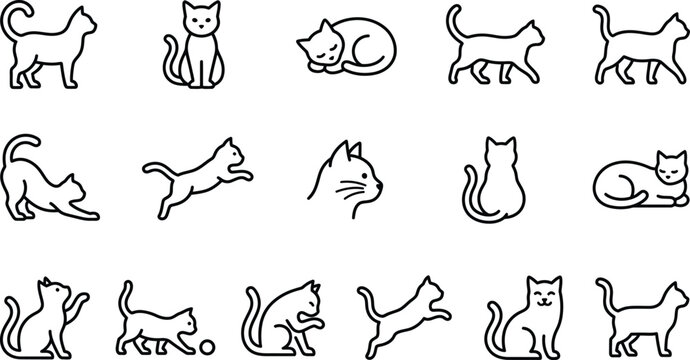 Set of 15 simple outline icons of cats in various poses isolated on transparent background.