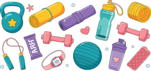 Fitness equipment vector set featuring dumbbells kettlebell yoga mat skipping rope water bottle and smartwatch for gym workout training © Md