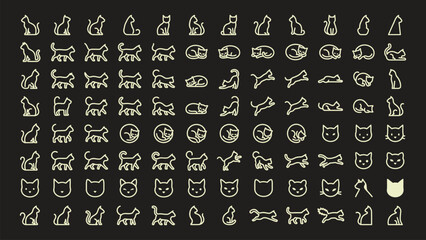Set of cat icons showing various feline poses and actions in simple minimalist line art. © Nusrat