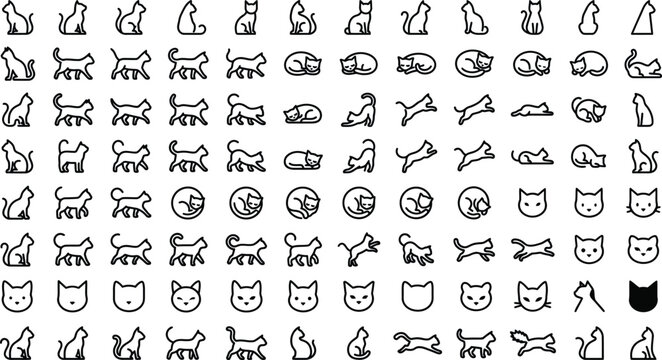 Diverse collection of cat icons and silhouettes on checkered background.