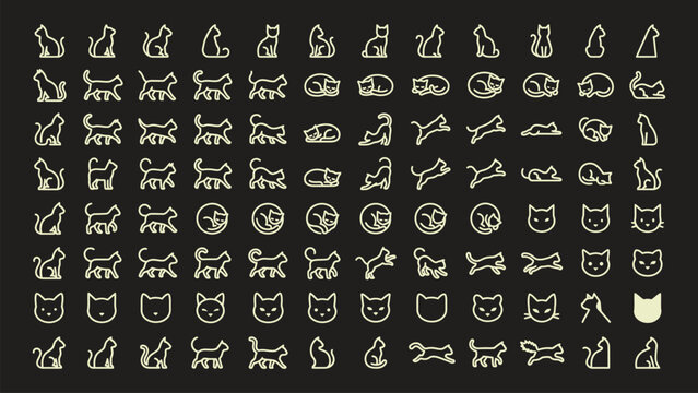 Set of cat icons showing various feline poses and actions in simple minimalist line art.