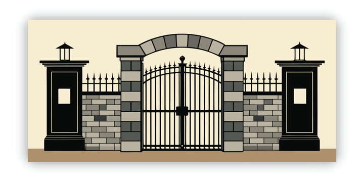 Elegant Iron Gate Entrance with Stone Pillars and Brick Wall