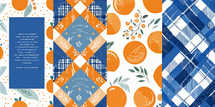 botanical citrus orange pattern with blue plaid and floral elements