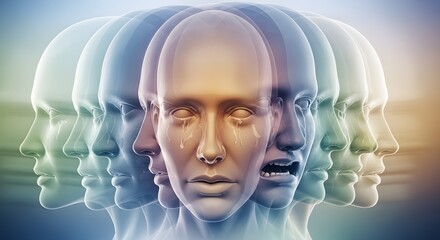 Naklejka premium Abstract illustration of human emotions and mental health challenges, depicting a spectrum of psychological states, inner conflict, and distress with multiple layered faces.