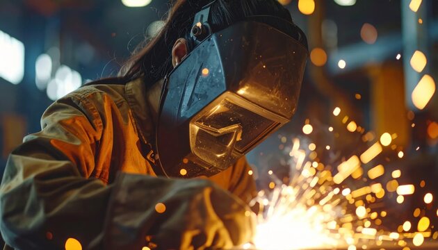 Skilled Welder in Protective Gear Creates Sparks with Intense Arc Welding Process.