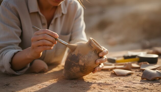 Close-up of a professional female archaeologist brushing a dusty clay artifact at an outdoor excavation site for a historical discovery and preservation concept