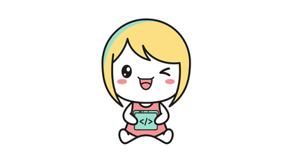 Fototapeta premium Kawaii girl programmer vector illustration, cute female developer mascot winking, cartoon software engineer character holding tablet with code