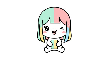 Fototapeta premium Kawaii chibi girl vector illustration, cute anime character with rainbow hair holding a smartphone, pastel colored mascot for social media apps