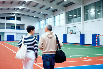 Fototapeta premium Rear view of Asian middle aged couple walking through indoor sports hall, carrying gym bags and discussing fitness routine. Suitable for active lifestyle, wellness, recreation marketing