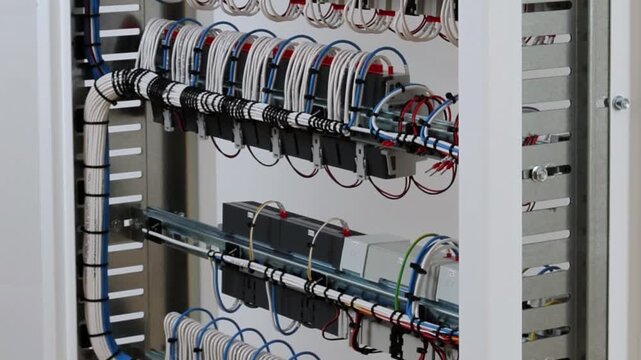 Connection of modules in an electrical switchboard using insulated copper wires tied with nylon ties.