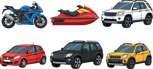 Naklejka premium Vector Illustration of Various Vehicles Including Motorcycle, Jet Ski, and Different Cars in Red, Yellow, Black, and Blue