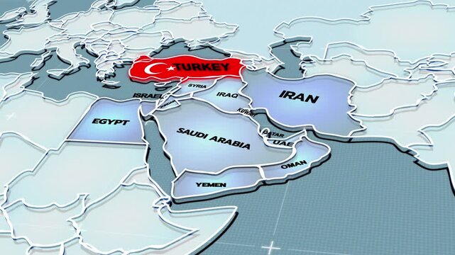  a stylized 3D map highlighting TURKEY, Middle East, TURKEY map, middle east countries, turkish flag, turkey flag map,
