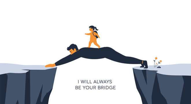 Supportive partnership, teamwork, and trust concept, bridge between cliffs, helping hand