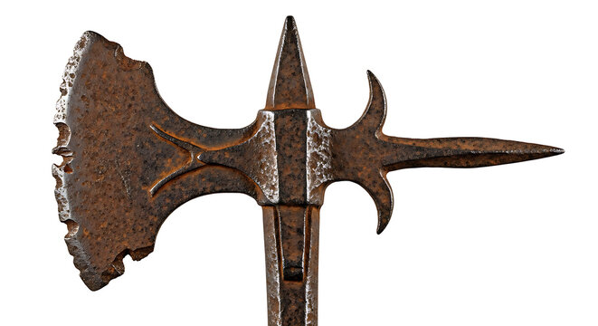 Ancient battle axe head isolated on white background, medieval weapon history concept