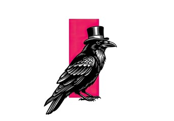 Naklejka premium Black raven wearing top hat illustration on pink background