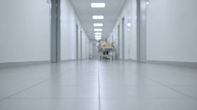 Long, empty hospital corridor with a blurred gurney at the far end, creating a sense of urgency and medical environment.