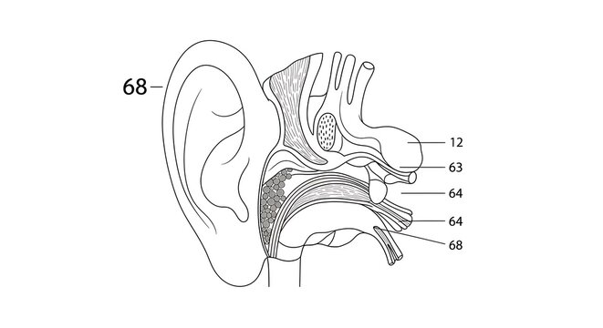 Human Ear Anatomy Cross Section with Inner Ear Structure Illustration