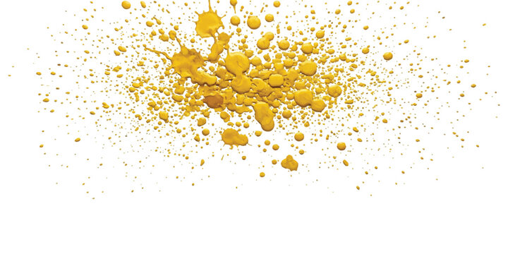 Bright yellow paint splatter isolated on a plain white background featuring various droplet sizes and irregular shapes created by liquid pigment splashed across a flat surface