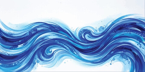 Fototapeta premium Abstract watercolor painting of flowing blue waves with swirling liquid brush strokes and paint splatters on a white background