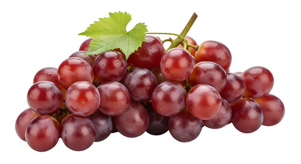 Fototapeta premium A vibrant bunch of red grapes with a single green leaf isolated on transparent background showcasing freshness and natural beauty