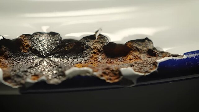 Closeup of a burnt and melted plastic object on a white surface.
