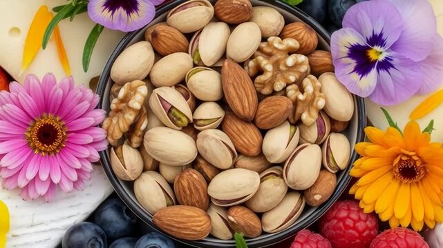 Colorful fruit and nut arrangement with edible flowers in vibrant harmony