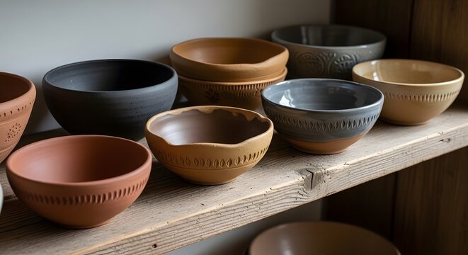 Assorted handmade ceramic bowls displayed on rustic wooden shelf in pottery craft studio.
