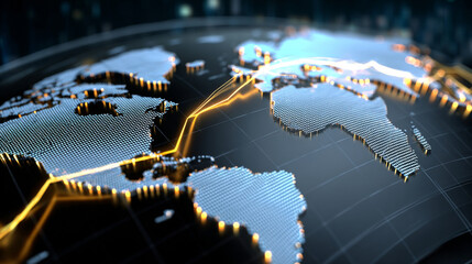 Fototapeta na wymiar Wide cinematic view of global digital map with glowing oil trade routes and lines symbolizing international energy market dynamics, futuristic data visualization style