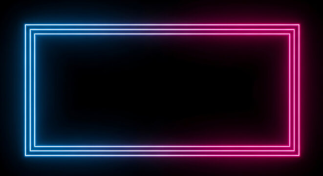 Glowing neon rectangular frame with blue and magenta light border rectangle abstract background electric technology template borderline neonlight copy-space