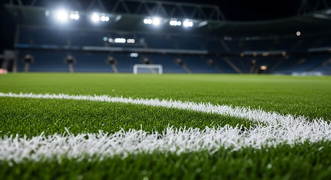 Soccer field corner flag and white line markings at night with football markings competition professional athletic close-up
