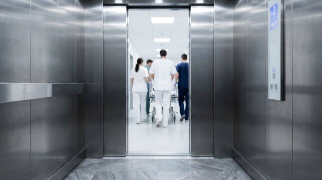 People entering a modern elevator in a hospital or office building.