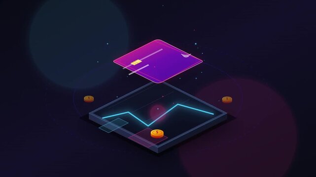 3D Isometric Financial Graph with Rising Blue Line and Gold Coins on Dark Futuristic Background - Digital Investment and Data Analytics Concept Animation