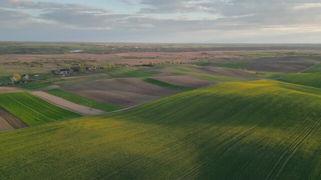 Magnificent aerial footage capturing the picturesque rolling hills and agricultural fields, with vibrant green crops creating a stunning patchwork pattern across the idyllic rural landscape