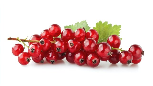 Red currant isolated on white background, fresh ripe red berries with full depth of field, detailed macro composition, natural food texture, clean studio shot, organic fruit close-up for design use