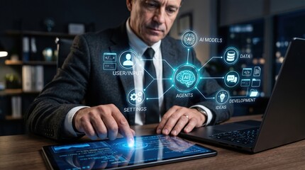 Fototapeta premium Businessman interacting with AI and digital interface for business insights artificial intelligence businessman technology business analytics interface information strategy management