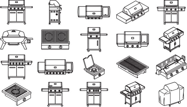 A grid of meticulously rendered grilling apparatus, presented in a monochromatic array. The scene showcases an assortment of grills, barbecue tools, and cooking setup, all illustrated in crisp detail.