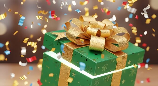 Exploding gift box with gold ribbon and confetti for celebration and surprise.