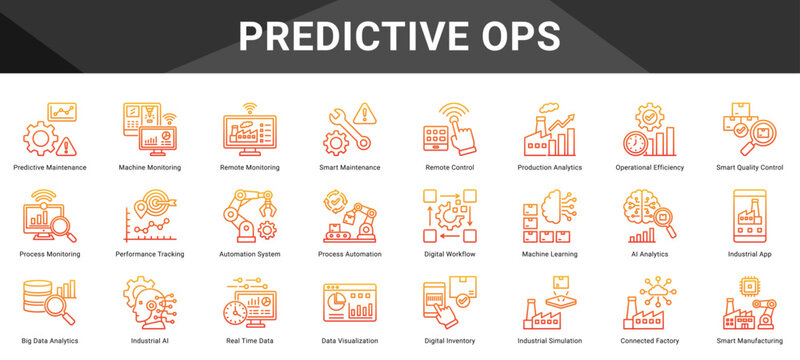 PREDICTIVE OPS  Icon set collection. Vector icon pack featuring thematic icons for your presentations or business.