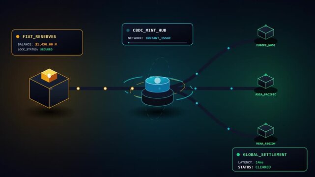 Futuristic Animation of CBDC Minting Hub, Fiat Reserves and Global Settlement Process with Data Flow and Regional Nodes