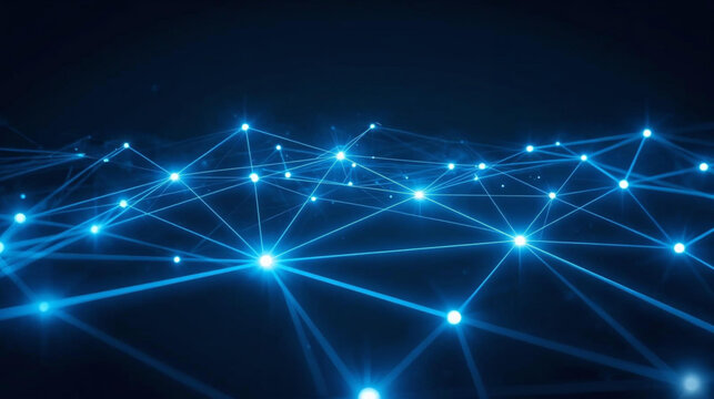 interconnected network of glowing blue lines and dots on a dark background