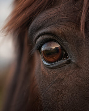 Close-up de olho de cavalo com reflexo do campo ao fundo