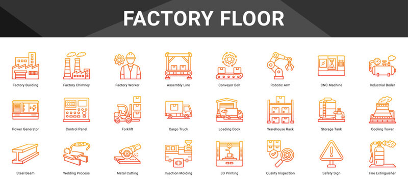 FACTORY FLOOR  Icon set collection. Vector icon pack featuring thematic icons for your presentations or business.
