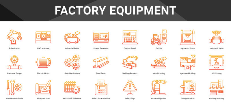 FACTORY EQUIPMENT  Icon set collection. Vector icon pack featuring thematic icons for your presentations or business.