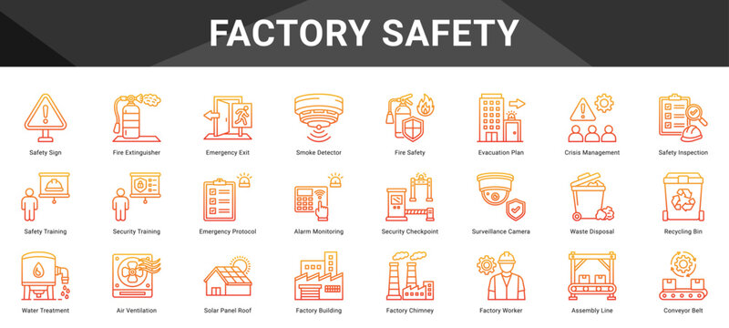 FACTORY SAFETY  Icon set collection. Vector icon pack featuring thematic icons for your presentations or business.