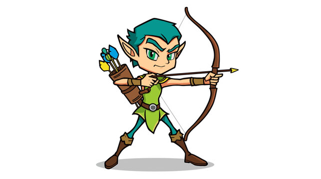 A cartoon fantasy character mascot vector of a slender elf archer prepares to shoot a bow and arrow in a dynamic stance.