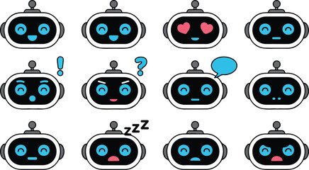 Cute Robot Emoji Face Set Vector  12 Cartoon AI Expression Icons Grid © Rakib