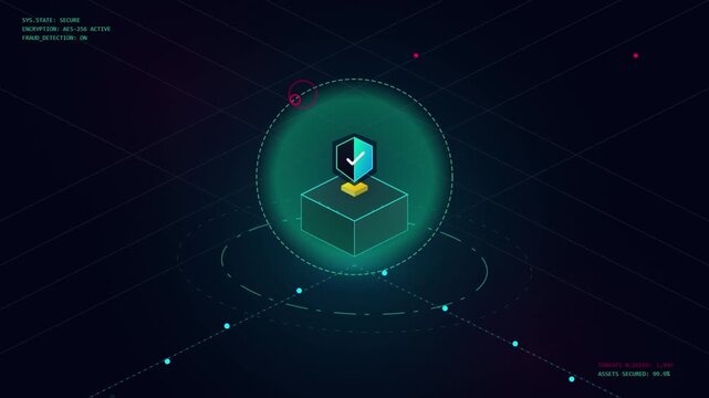 3D Isometric Cybersecurity Animation of Data Protection with Shield Icon, Encryption AES-256, and Fraud Detection HUD Interface