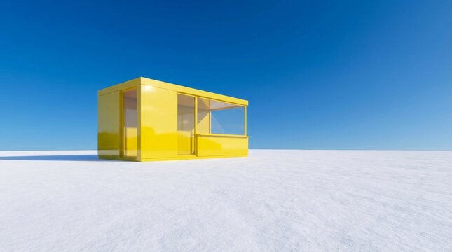 Minimalist Yellow Structure on Vast White Expanse Under Clear Blue Sky.