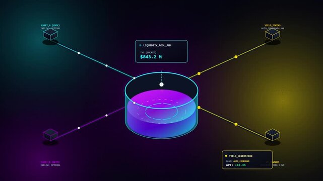 3D Isometric Animation of DeFi Liquidity Pool with TVL and Yield Generation Dashboard